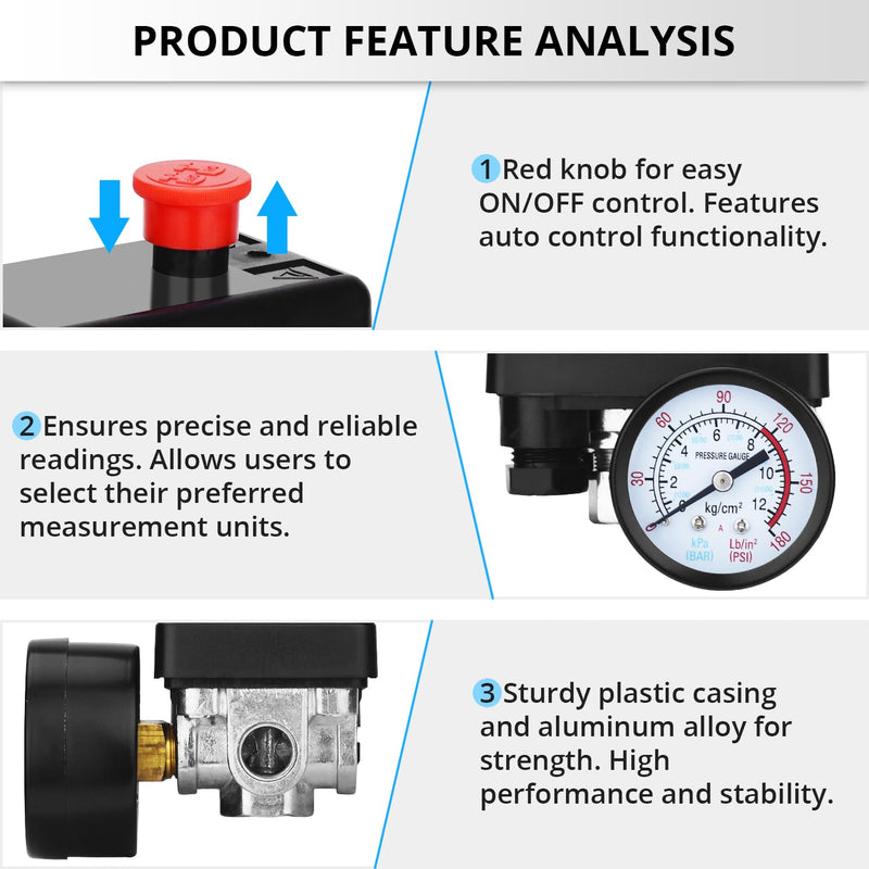 Universal Air Compressor Pressure Switch Control Valve (90-120 PSI, 110V-240V) with 0-180 PSI Regulator and Safety Pressure Relief Valve - 4 Way Replacement Part (110V-240V-B9) 110V-240V-B9