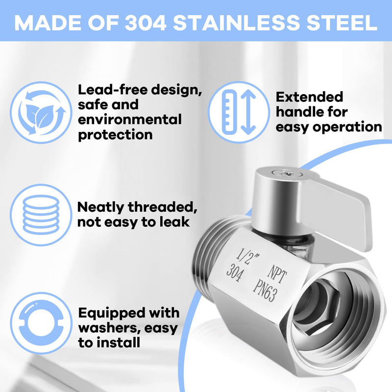 Shower Head Shut Off Valve, 1/2" NPT Water Flow Control Valve, 304 Lead-Free Stainless Steel Mini Ball Valve with Handle Lever, Shower Head Valve for Handheld Shower Head（2 Packs） 2PCS Shower Valve