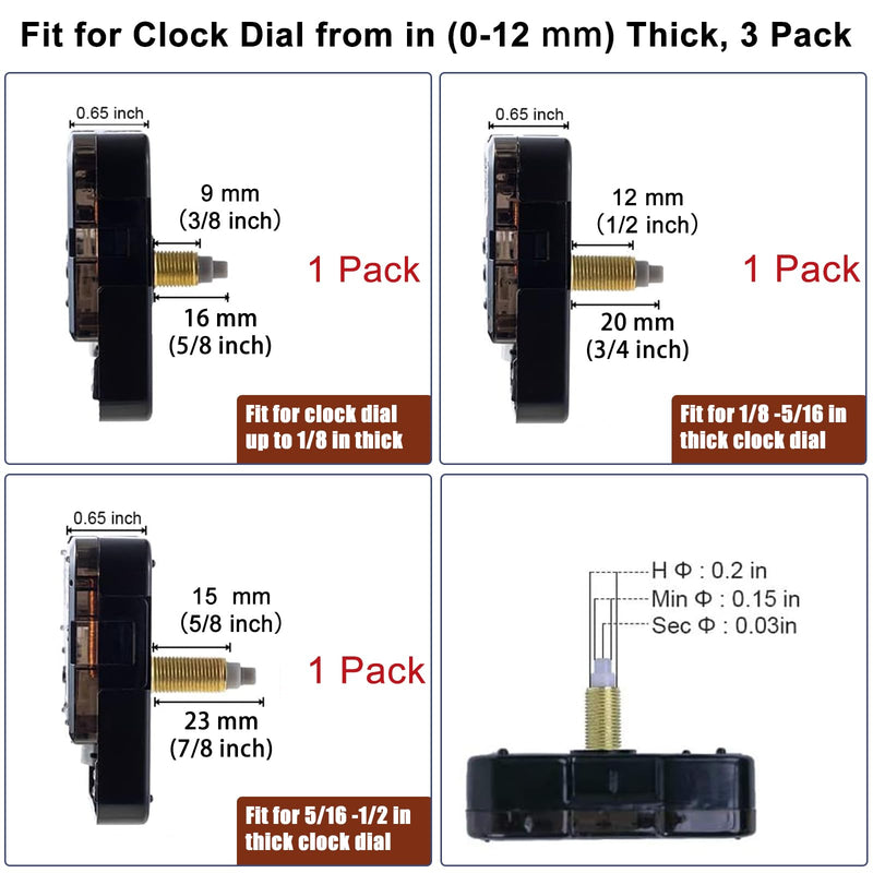 EMOON 3 Pieces Silent Clock Mechanism Replacement Kit, Battery Operated Clock Movement Parts with 7 Pack Clock Hands (Total Shaft Length 16mm,20mm,23mm) Size1-3pack