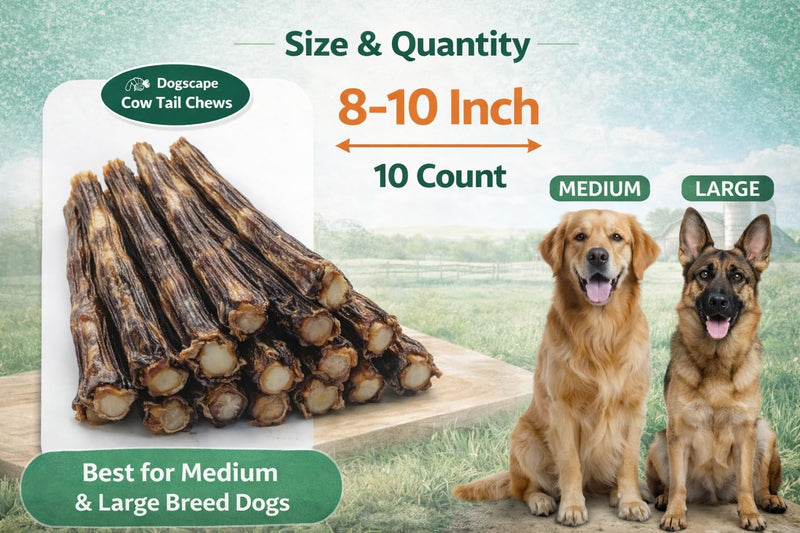 Natural Cow Tails for Dogs 8-10 Inch Long-Lasting Chew Sticks | Pack of 10 | Single-Ingredient, High-Protein Dog Treats | Grain-Free & Rawhide-Free | Best for Medium & Large Breed