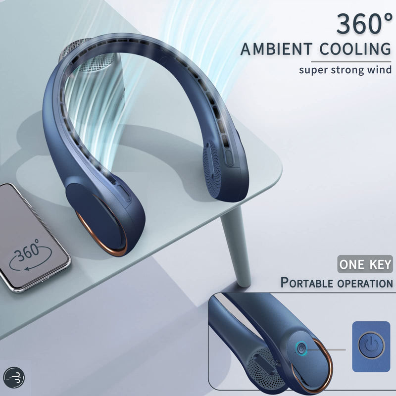 Neck Fan, USB Rechargeable Personal Fan, 4000 mAh Battery Operated, 3 Speeds Adjustable, Faster Cooling, Ultra Quiet, Suitable for Home, Office, Travel, Sports Blue