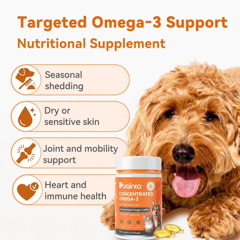 PUAINTA Omega 3 Fish Oil for Dogs & Cats, 80% EPA DHA, Skin & Coat, Itch & Shedding Support, Joint & Immune Health, Wild Icelandic Fish & Krill Oil Softgels (90 Count) 90 Count