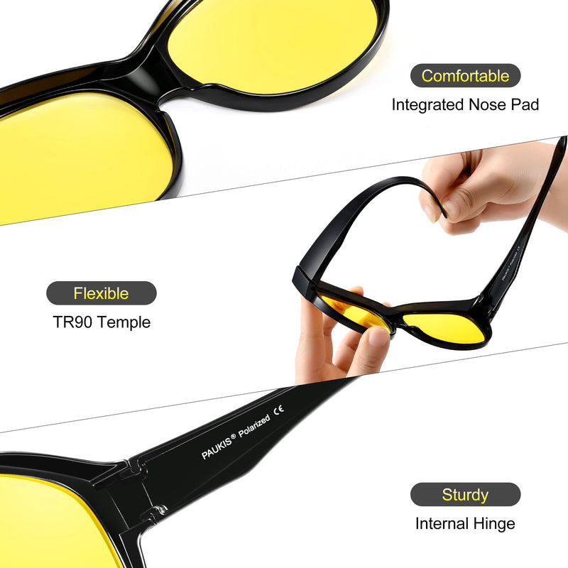 Polarized Sunglasses Over Glasses Women, Fit Over Glasses Sunglasses,Cat Eye Trendy Sun Shades UV400 Protection P12 Glossy Black/Night Vision Lens