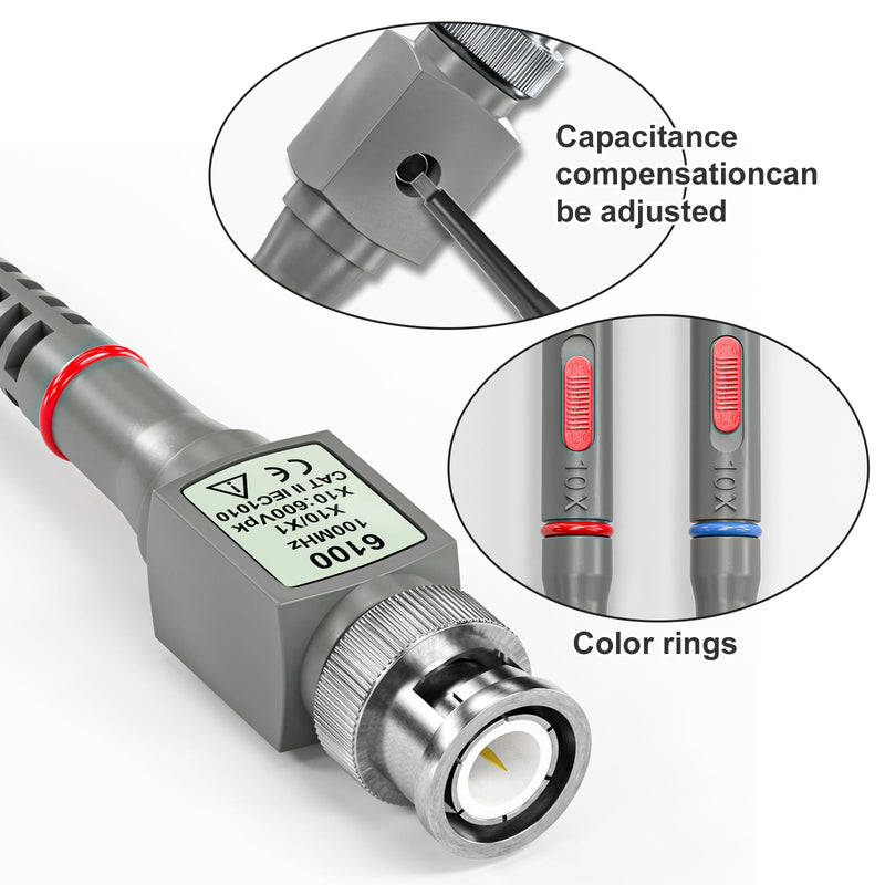 Goupchn Universal Oscilloscope Probes with Accessories Kit 100MHz 1X 10X 2 Pack with BNC to BNC, Test Hook, Alligator Clip, Banana Plug Test Leads, Wire Piercing Probe X1/X10 100Mhz 2PCS with 4PCS BNC Test Leads