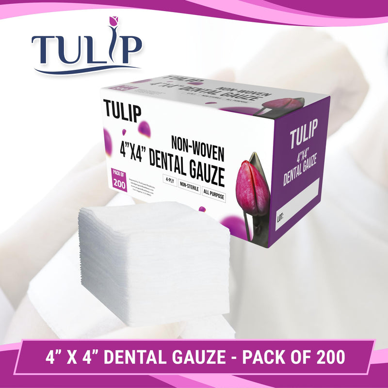 200 Gauze Pads 4x4 4-Ply Non Woven Gauze Sponges - Non Sterile Dental Gauze & Esthetic Wipes - Soft All Purpose Medical Gauze Squares for First Aid Kit, Surgical, Wound Dressing by Tulip 4"x4" (200 Count)