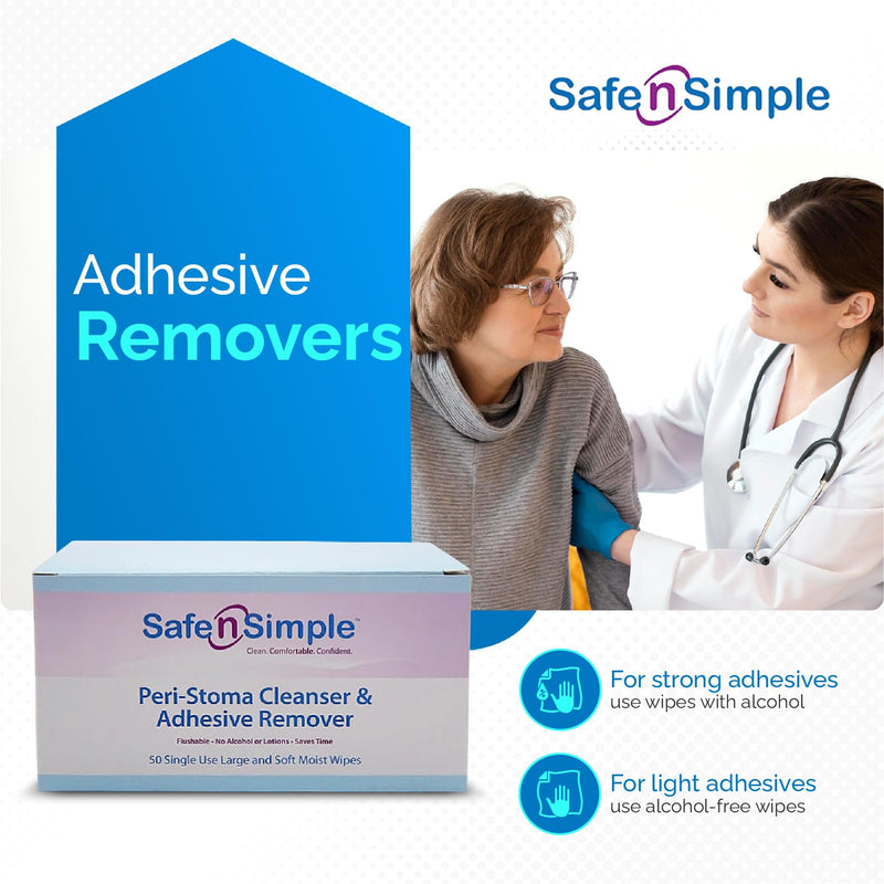 Safe n' Simple Adhesive Remover for Skin - 5"x7" 50 Wipes - Stoma Adhesive Remover Wipes - Alcohol Free Wipes for Sensitive Skin - No Sting Adhesive Remover Wipes 50 Count (Pack of 1) Alcohol-Free