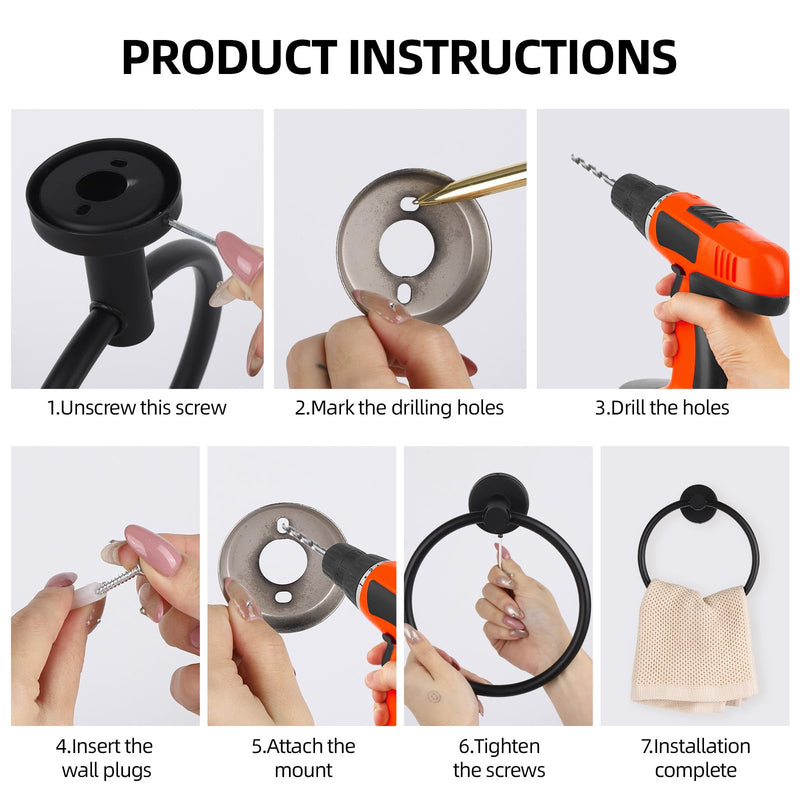 4 Pack Black Towel Ring, Stainless Steel Hand Towel Holder for Bathroom, Modern Round Towel Hanger Towel Rack Round Wall Mounted for Bath, Kitchen