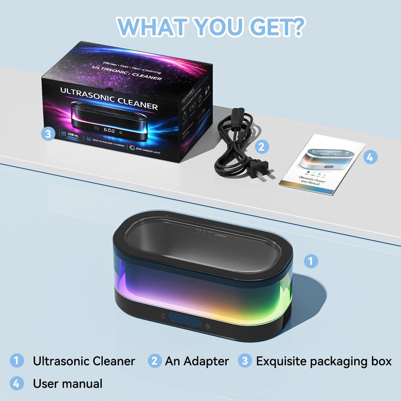 Ultrasonic Jewelry Cleaner with RGB Ambient Light, 48KHz Ultrasonic Cleaner for Jewelry, Glasses, Retainers, Dentures, Rings & Watches, 350ML SUS304 Stainless Steel Cleaning Machine, Black