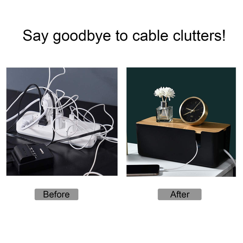 Changsuo Cable Management Box with Bamboo Lid Small Cable Organizer Box for Extension Cord Power Stripe Surge Protector Wire Management Concealer Organizer Cover Hider (Black) Black