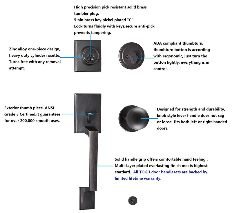 TOGU HS14B-KB-ORB Heavy Duty Single Cylinder Handleset with Lever Door Handle,Solid Entry Door Lockset Leverset for Home Exterior Doors,Oil Rubbed Bronze