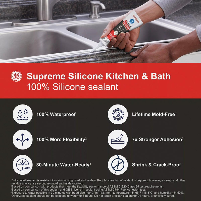 GE Supreme 100% Silicone 30 Min. Water-Ready caulk, 2.8 oz tube, White