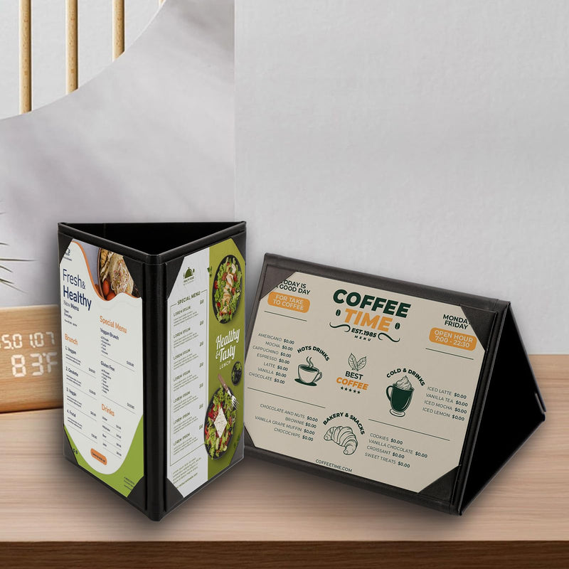 Menu Covers - Set of 10 Double-Sided Table Tent Cards for Restaurant, Dinner Party, and Bar Menus - Includes Bill Holder and Reserved Seating Signs - Easy to Clean and Foldable (10, 5"x7"Trifold)