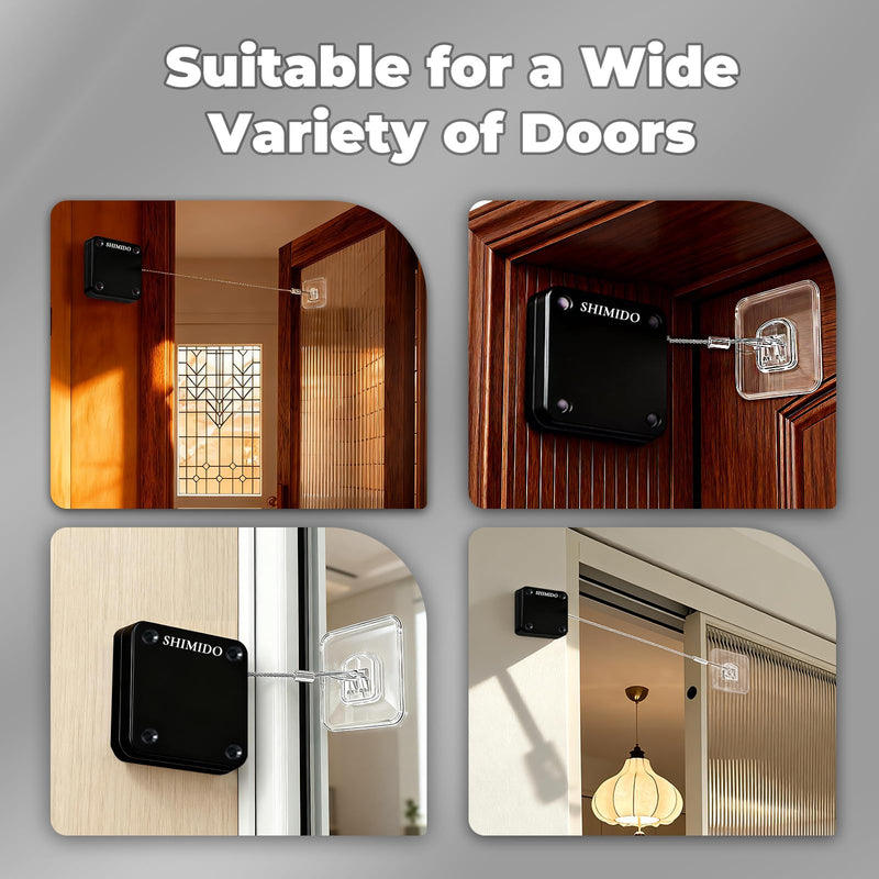 SHIMIDO Upgraded Retractable Automatic Door Closer - Tool-Free Installation, Powerful 3.5lb Pull Shuts Doors Completely - Compact Universal Fit for Screen, Sliding & Almost All Doors（4 Pack Black） 4 Pack Black