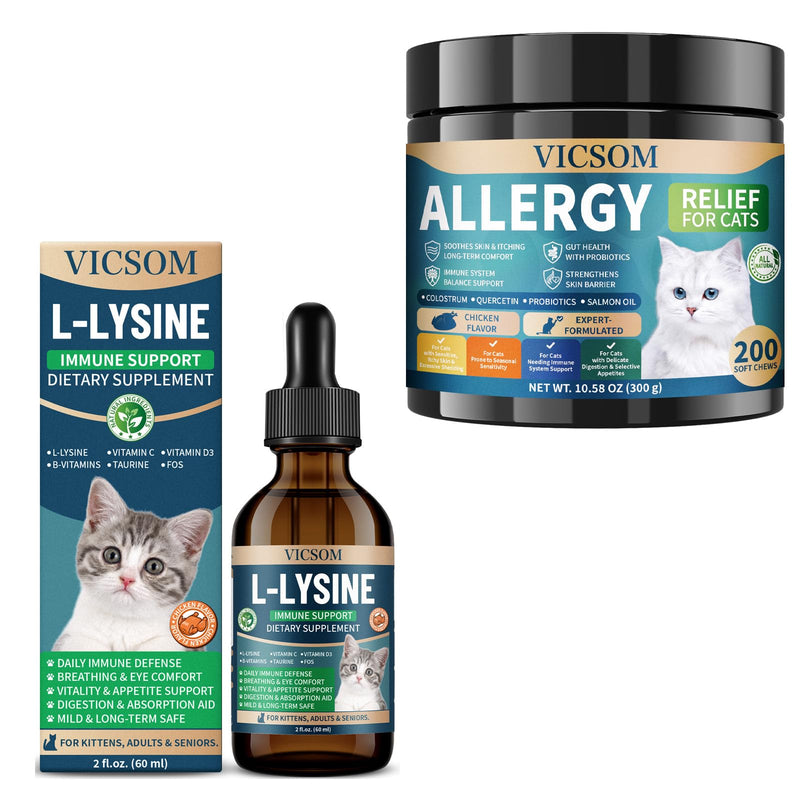 Cat Lysine & Skin Support Bundle, Liquid Lysine for Cats & Natural Soft Chews, Immune, Respiratory & Skin Wellness, Chicken Flavor, 60 ml Drops + 200 Chews