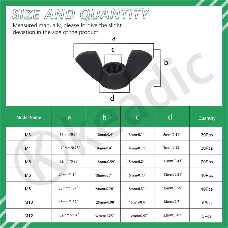 Keadic 110Pcs Nylon Metric Wing Nuts Assortment Set, M3 M4 M5 M6 M8 M10 M12 Hand Twist Tighten Ear Butterfly Nut Wingnuts for Home Building Industry (Black) Black