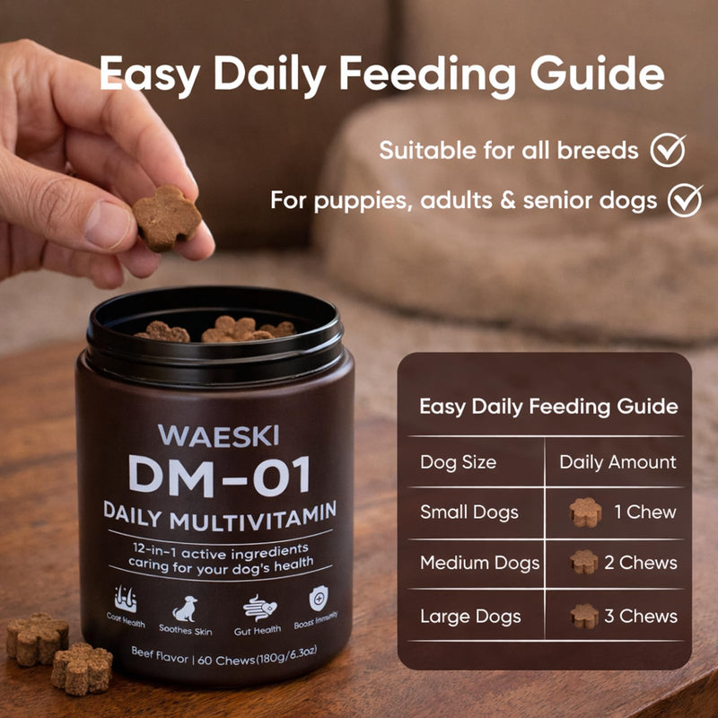 DM-01 Daily Multivitamin, Multivitamin Itch Relief Chews for Dog, Made with 12 Active Ingredients for Hip & Joint, Digestive & Boost Immunity, 60 Chew
