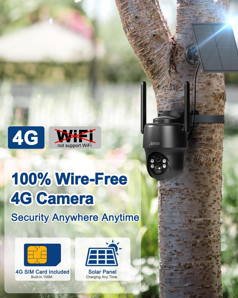 ANRAN 4G LTE Cellular Solar Security Camera Wireless Outdoor,No WiFi 2K Solar Powered Camera,Color Night Vision,360° Live View, PIR Motion Sensor,2 Way Talk,Black (SIM Card & 32GB SD Card Included) Black