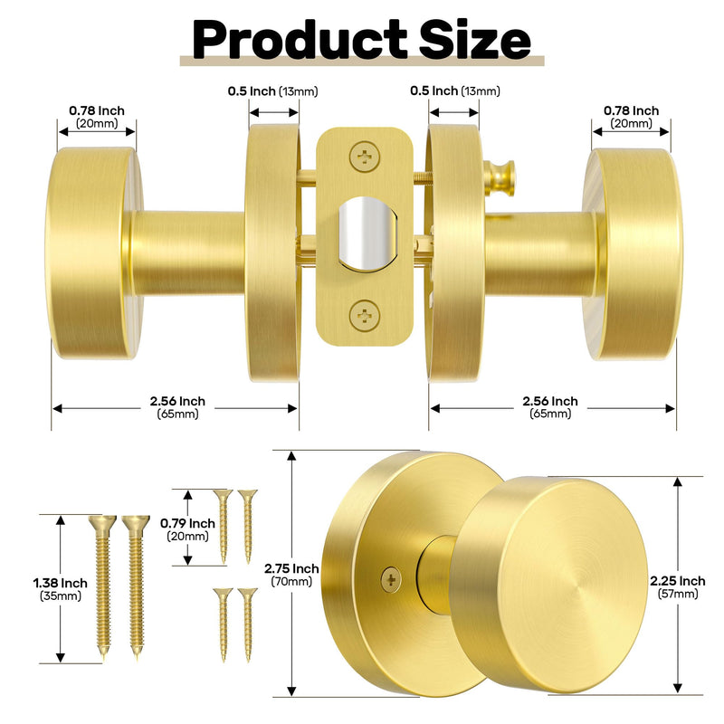 Gold Door Knob Privacy Door Knobs Interior Satin Brass Door Knobs Modern Round Door Handles for Bedroom and Bathroom Brushed Gold Door Knob 1 Pack Privacy