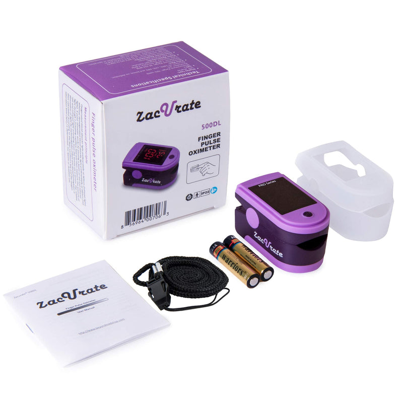 Zacurate Pro Series 500DL Fingertip Pulse Oximeter Blood Oxygen Saturation Monitor with Silicone Cover, Batteries and Lanyard Mystic Purple