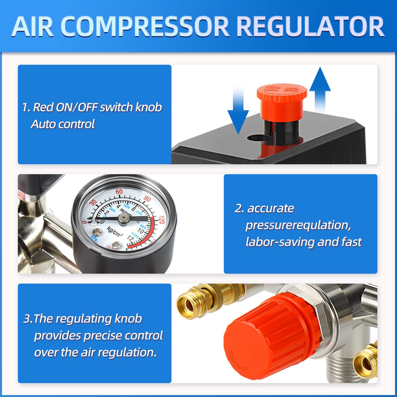 MEANLIN MEASURE Air Compressor Pressure Switch Control Valve 90-120 PSI 110V-240V Replacement Parts With 0-180 Pressure gauge and Manifold Regulator 90-120 PSI With Manifold Regulator
