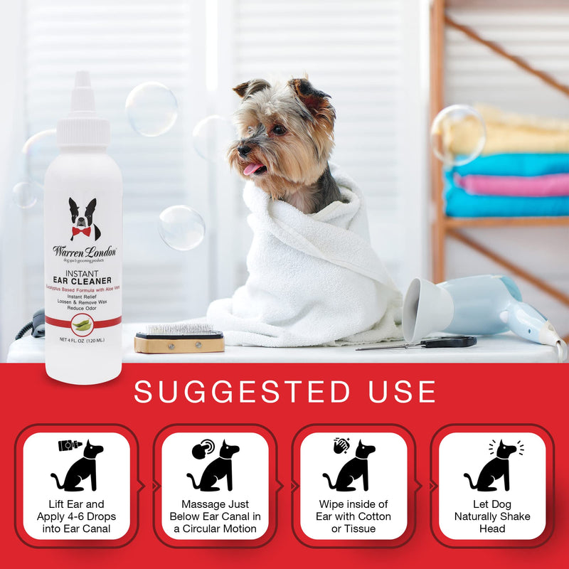 Warren London Instant Ear Cleaner for Cat & Dog with Aloe and Eucalyptus to Clean, Soothe, Control Odor, and Prevent Irritation | Ear Itching Essential I Made USA | 4oz 4oz Ear Cleaner - PawsPlanet Australia