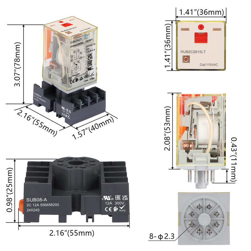Power Relay MK2P-I Type RUB2C2615LT, AC 120V Coil, 8Pin 2NO 2NC DPDT, with LED Indicator Light and Test Button, Plug-in Terminal Socket Base, UL Certification (AC 110V) AC 110V