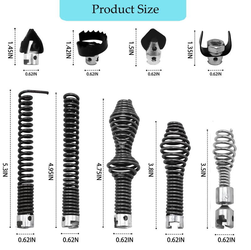 10Pcs 5/8" Drain Auger Cutter Kit - Fits R-idgid K-400 C-4 C-6 C-7 C-8 C-9 | Manganese Steel Rust-Resistant Quick-Release Drain Snake Accessory Set for 5/16" 3/8" Sewer Pipe Clog Removal