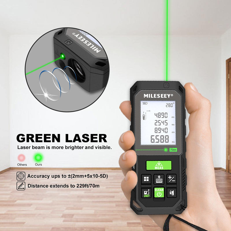 Mileseey S8GA Laser Measuring Tool Green Beam 230 ft, Green Light Laser Tape Measure with Angle Sensor, IP65, Pythagorean, Distance, Area, Volume Measuring, ±1/16in Accuracy… Green Beam - 230 ft