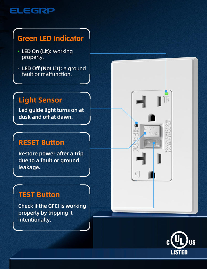 ELEGRP GFCI Outlet w/Nightlight, 20 Amp Self-Test GFI Electrical Outlet, Thinner Design, Tamper Resistant GFCI Receptacle, Ground Fault Receptacle w/Wall Plate, UL Listed, Matte White, 1 Pack 20 Amp Outlet