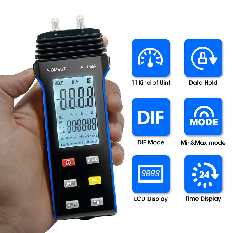 AIOMEST Digital Manometer Gas Pressure Tester ±2 psi / ±13.79 kpa, Dual Port Air Flow Pressure Gauge AI-189A for HVAC Gas Furnace