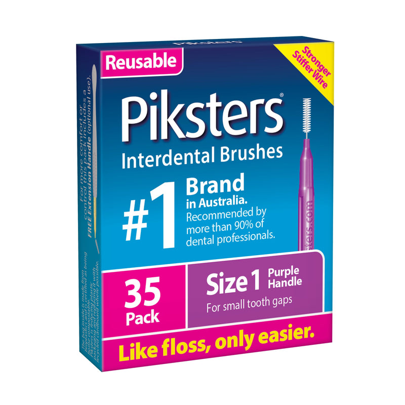 Piksters Interdental Brushes, 35 pk, Size 1, Interdental Tooth Brush for Tight Gaps, Gum Soft Bristles for Plaque Removal, Safe for Braces 35 Count (Pack of 1) Size 1 (Purple)