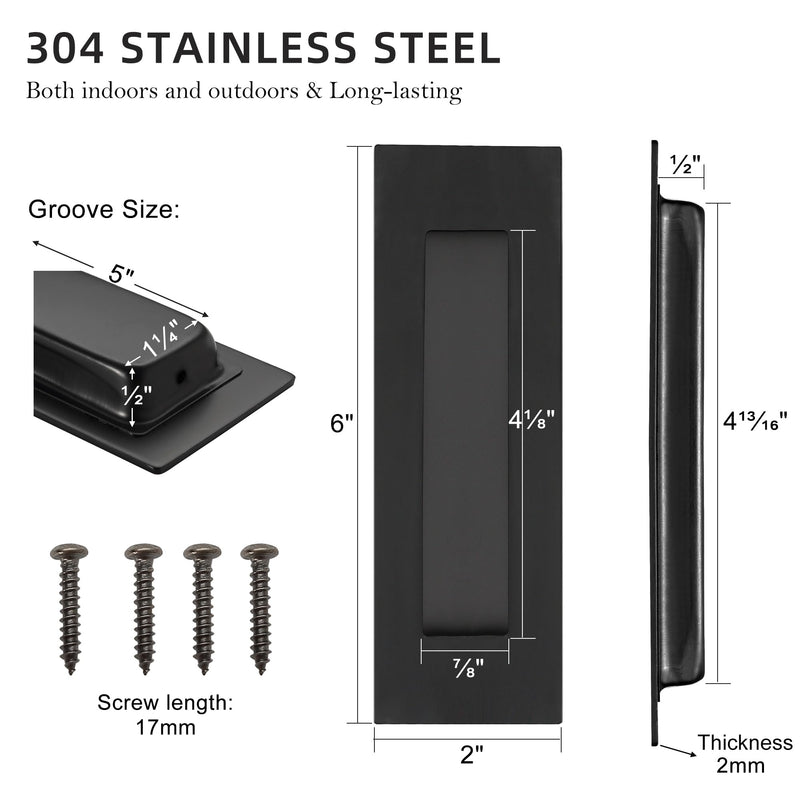 6 Inch Recessed Pocket Door Pull, Stainless Steel Rectangular Finger Flush Puls for Sliding Closet Barn Door Handle Rectangular Door Hardware (Matte Black, 2 Pack) 6 Inch Matte Black (2 Pack)