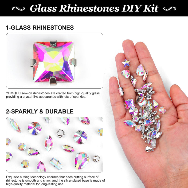 Sew on Rhinestones 205 PCS Glass Mixed Shapes Sew on Crystal Gems Flatback with Silver Claw for Jewelry Crafts Clothes Shoes Costume (AB Rhinestones) Crystal AB