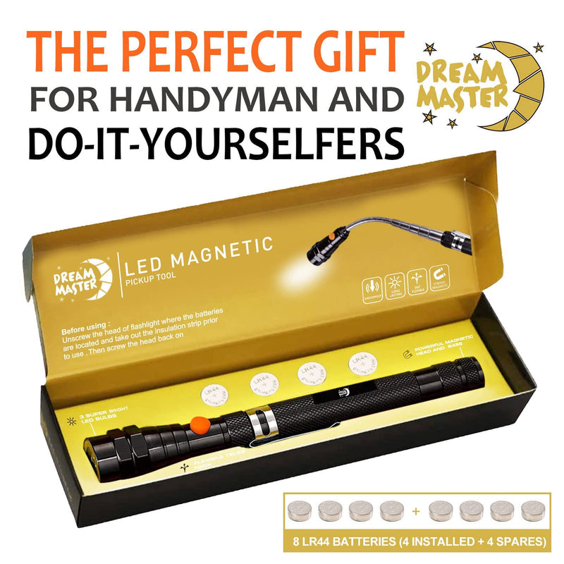 Magnetic Pickup Tool with 3 LED Lights, Telescoping Magnet Flashlight, Gifts Idea & Valentines Day Gifts for Men, Dad, Father, Handyman, Husband, Boyfriend or Women, Black Black Magnetic Tool