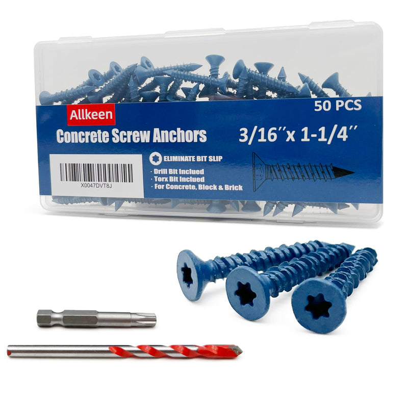 3/16" x 1-1/4" Concrete Screws, Anchoring to Masonry, Brick, Block, Cement or Stucco, 50PCS 3/16''x1-1/4'' 50