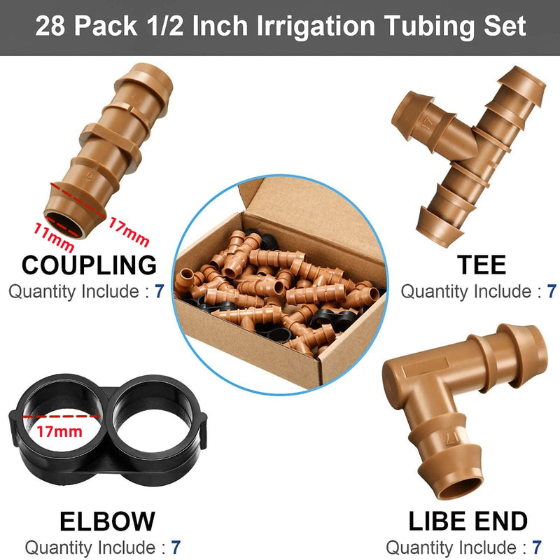 Boao 28 Pcs Drip Irrigation Fittings Kit Drip Irrigation Parts for 1/2 Inch Drip Tubing Drip Barbed Connectors Including 7 Tees 7 Couplings 7 Elbows and 7 End Cap for Drip or Sprinkler Systems