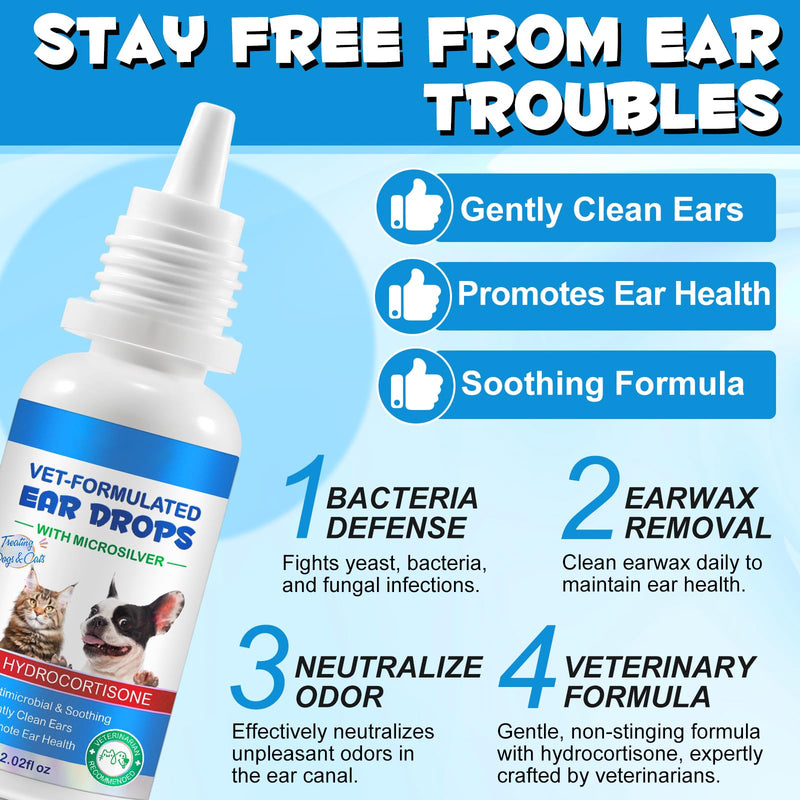 Ear Infection Treatment Drops for Dogs and Cats, Dog Ear Infection Treatment with 1% Hydrocortisone Soothing Ear Mites, Itchy Ear Relief-Treats Ear Cleaner for Dogs & Cats - 4 Fl oz 4.04 Oz