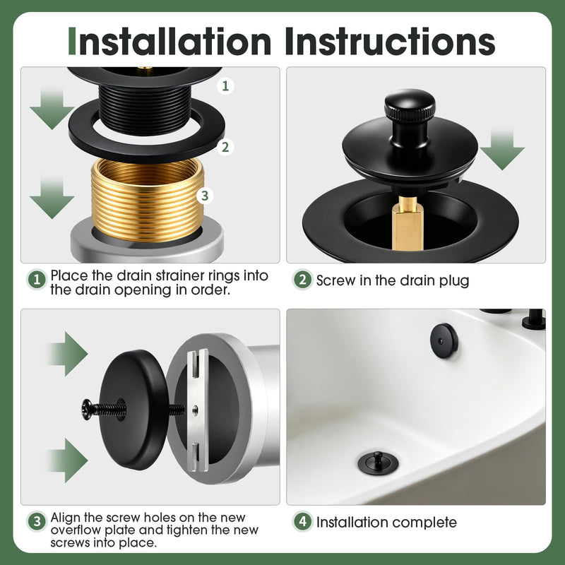 All Metal Bathtub Drain Kit,Toe Touch Tub Drain Stopper and Overflow Cover,Universal Lift & Turn Tub Drain Kit Assembly Fine/Coarse Thread(Matte Black)