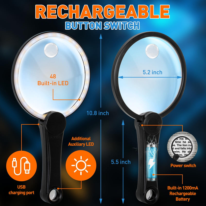 5.2 Inch Large Rechargeable Magnifier with Light, 30X 40X 60X Handheld Magnifying Glass with 49 Anti-Flicker LED Light, Third Gear Dimming Strongest Lighted Magnifier for Seniors Reading Coins 5.2inch Black