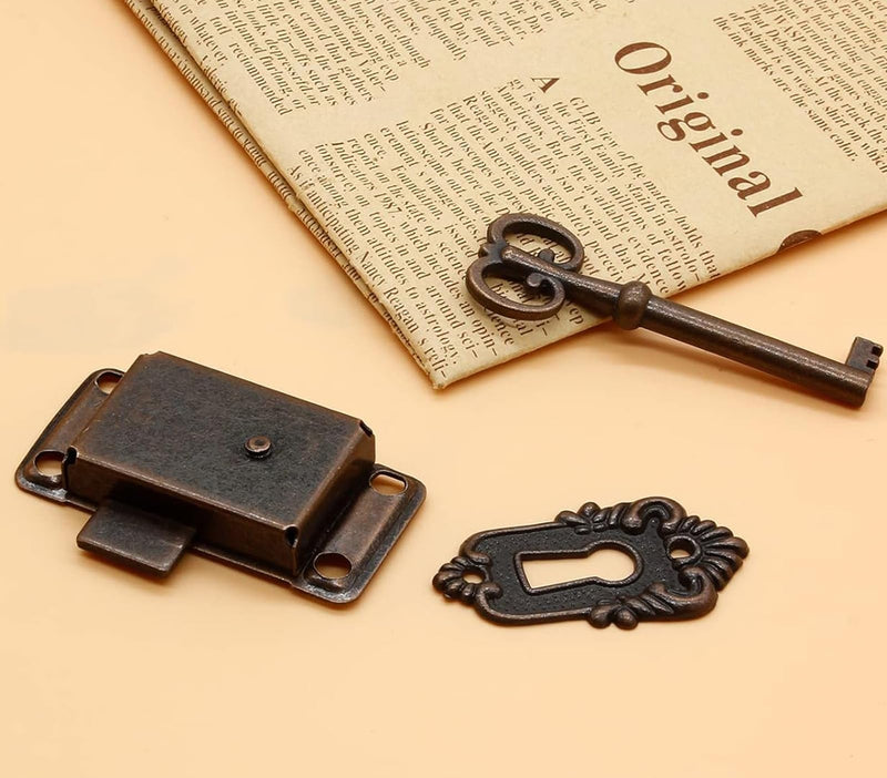 2 Sets Skeleton Key Lock Decorative Antique Red Bronze Cabinet Lock with Key for Chest Cupboard Furniture 2 Sets