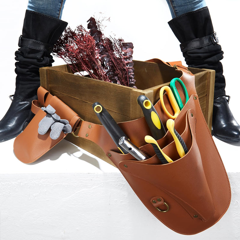 Leather Garden Tool Belt for women & men- Utility belt apron for gardening, DIY, florist & carpenter -Tool Organizer Holster Pouch, Gardening gifts -Florist tool belt- Multiple pockets for han
