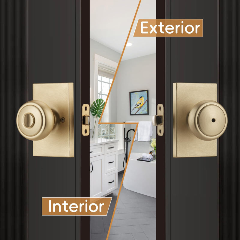 Brushed Gold Door Knob with Turn Lock for Bath & Bedroom, Coastal Interior Door Knobs with Heavy Duty Rectangle Plate Brushed Gold Privacy