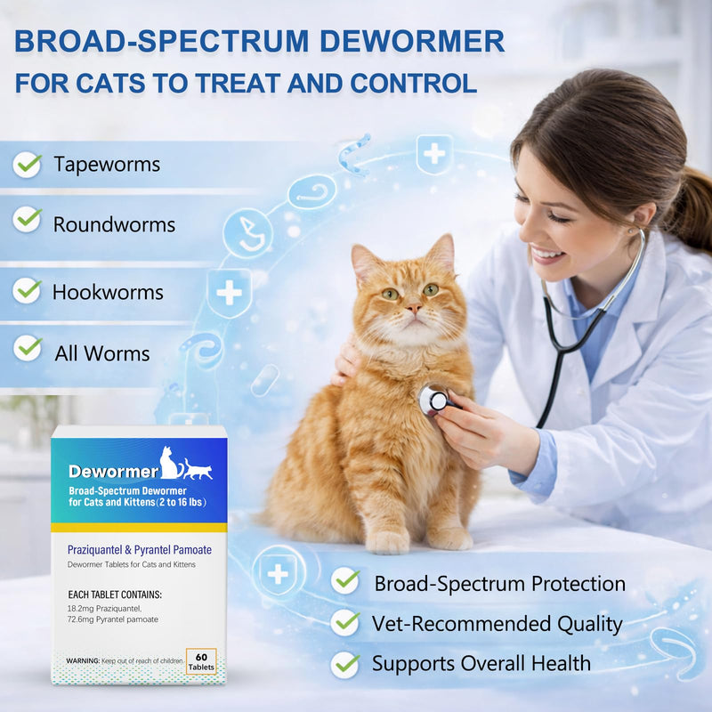 Broad Spectrum Dewormer Tablets for Cats and Kittens ( Praziquantel & Pyrantel Pamoate) for Tapeworms, Roundworms & Hookworms
