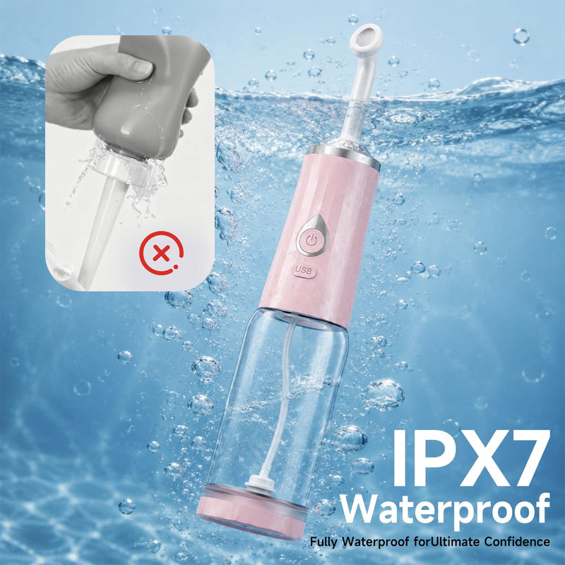 Electric Portable Bidet for Travel, Rechargeable Handheld Bidet Sprayer with USB-C, 4 Pressure Modes & 2 Specialized Nozzles for Front/Rear Wash, IPX7 Waterproof, Bottle Compatible, Detachable（Pink） Pink