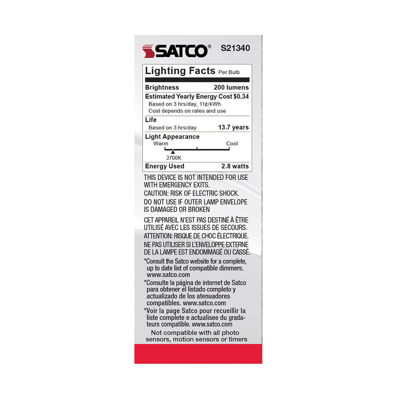 Satco S21340/06 2.8-Watt LED E12 Light Bulbs, 2700K, 15000 Hour Rating, Dimmable, 6 Pack