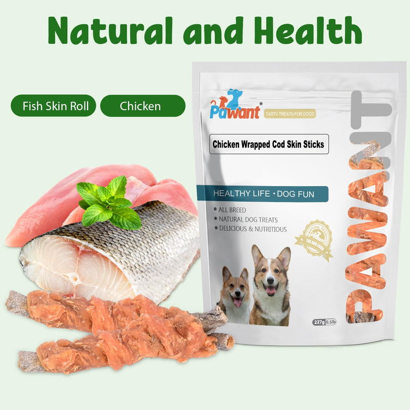Chicken Wrapped Cod Skin Dog Treats, 45% Real Chicken & 45% Fish Skin - High Protein Omega-3 Dog Chews for Skin & Coat Health - Rawhide Free, Training Snacks for All Breeds 16oz Chicken Wrapped Cod Skin Sticks 1 Pound (Pack of 1)
