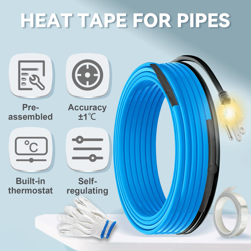 120V Heat Tape with Thermostat for Pipe Freeze Protection, 15 Feet Heat Trace for Water Pipes, 5 W/Ft, Electric Self-regulating Pipe Heating Tape for Metal And Plastic Pipes SnulyHeet 5W/FT 15-Feet
