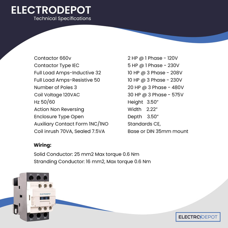 30A Electrodepot Contactor 3 Pole, 110/120V Coil, Motor Load 32A, Lighting 40A, 50A, 600V IEC DIN w 1NO and 1NC Aux Contact 1 Pack