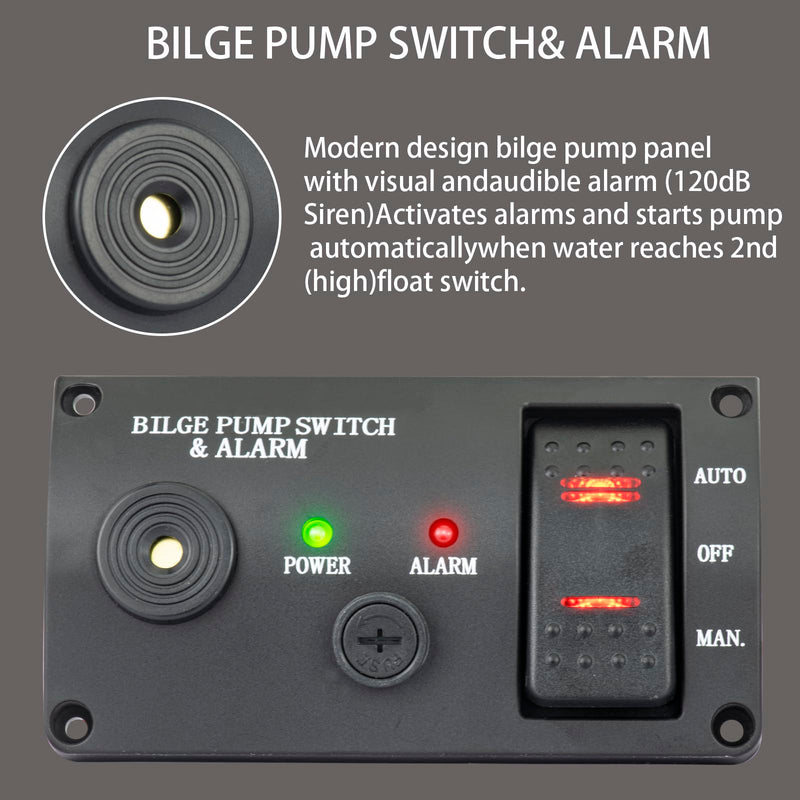 Bilge Pumps Switch for Boats,with LED Indicator Alarm,3-Way Auto-Off-Manual Switch w/Spring From Manual Position, Black ABS Panel,12V DC
