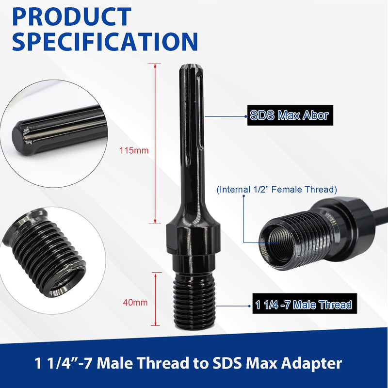 1-1/4"-7 Male Thread to SDS Max Core Drill Bit Adapter, Premium Convenient Converter, 1-1/4"-7 SDS Max Core Bit Adapter for Concrete Coring Drill 1-1/4"-7 Male Thread SDS MAX Shank